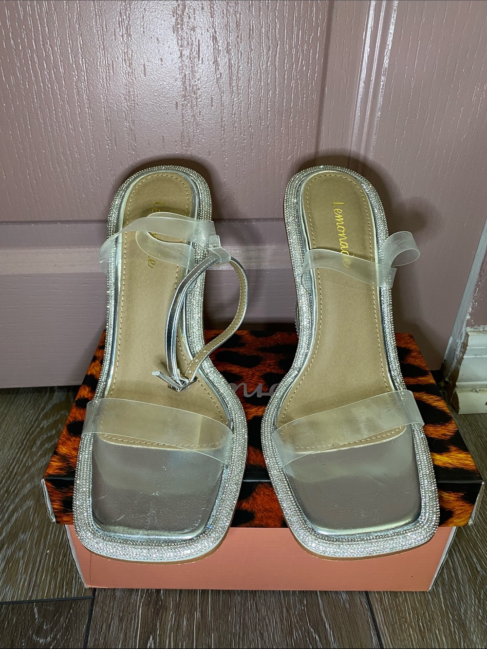 Lemon Clear Strap Rhinestone Trim Heels - Clear